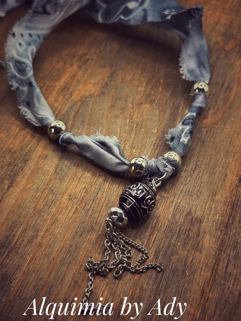 Alquimia Blue-Gray Silk Scarf Necklace with Ornate Silver Pendant